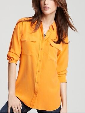 Equipment Femme Signature Silk Long Sleeve Button Down Blouse in Orange Size L